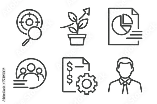 Mergers & Acquisitions Icons. Line style icons of mergers & acquisitions: target company analysis, growth potential icon, market