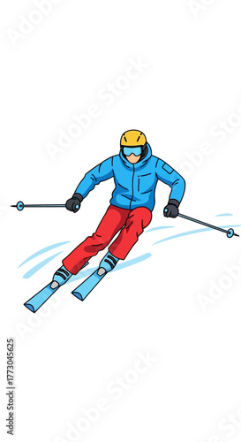 Skier in blue jacket and red pants skiing down a snowy slope.