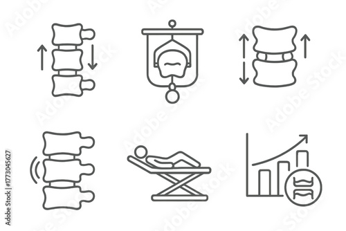 Chiropractic Care Icons. Line style icons of chiropractic care: spinal decompression, traction device icon, vertebrae gap