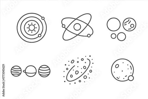 Space Exploration Icons. Line style icons of space exploration: solar system model, planetary orbits, inner planets, outer planets
