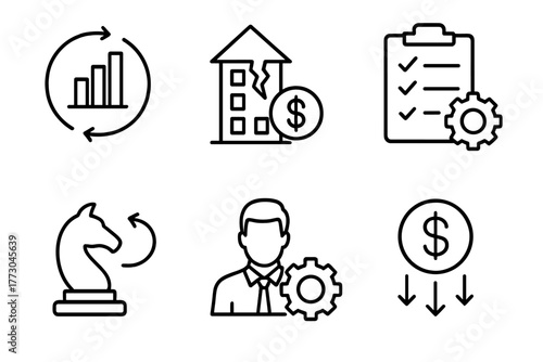 Private Equity Icons. Line style icons of private equity: turnaround strategy, distressed asset icon, crisis management plan,