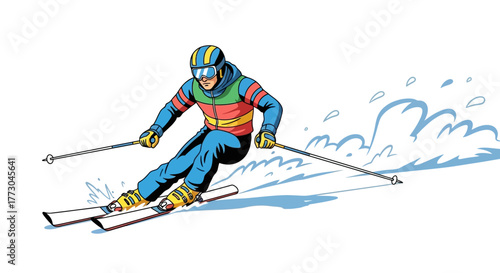 Skier racing down a snowy slope with ski poles and goggles.