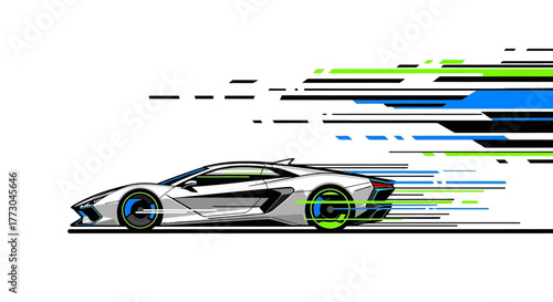 Sleek White Sports Car in Motion with Streaking Lights.