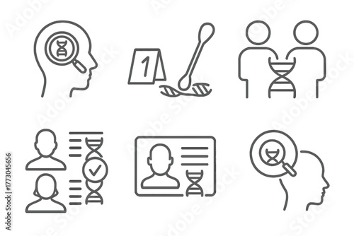 Cloning Technology Icons. Line style icons of cloning technology: forensic application, crime scene sample, clone comparison icon,