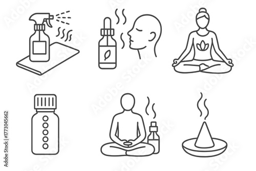 Yoga Aromatherapy Icons. Line style icons of aromatherapy in yoga: scent mat spray, breath oil, pose enhancer, chakra blend,