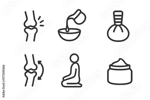 Ayurveda Care Icons. Line style icons of Ayurveda: joint and muscle care, warm oil application icon, herbal compress bundle,