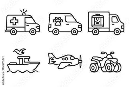Wildlife Rescue Vehicles. Line style icons of Wildlife Transport Vehicles: animal ambulance, rescue van, transport crate truck,