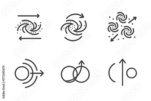 Dark Matter Dynamics. Line style icons of dark matter: fast-moving galaxies, galaxy escape path, cluster velocity field,