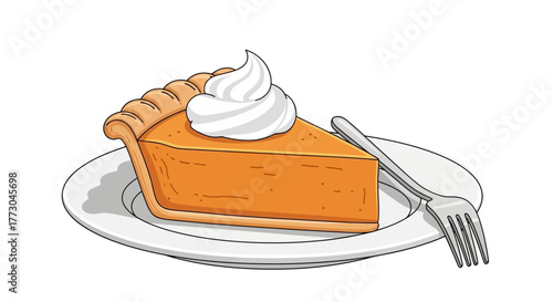 Slice of Pumpkin Pie with Whipped Cream on a Plate.