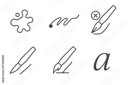Calligraphy Mistakes Icons. Line style icons of Calligraphy Mistakes and Corrections: ink blot, smudged line, uneven stroke,
