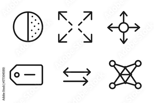 Dark Matter Icons. Line style icons of dark matter: dark energy contrast, expansion force icon, repulsive energy symbol, negative