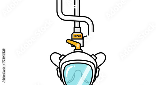 Retro diving helmet connected to a pipe with a valve.