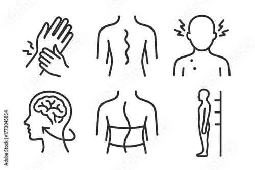 Chronic Condition Icon Set. Line style icons of chronic condition therapy: arthritis care, lower back protocol, fibromyalgia icon,