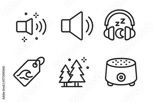 Sleep Therapy Icons. Line style icons of sleep therapy: white noise and sound therapy, speaker emitting waves, headphones with