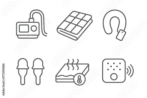 Sleep Therapy Icons. Line style icons of sleep therapy: therapeutic devices, weighted blanket icon, neck pillow tag, sleep earbuds