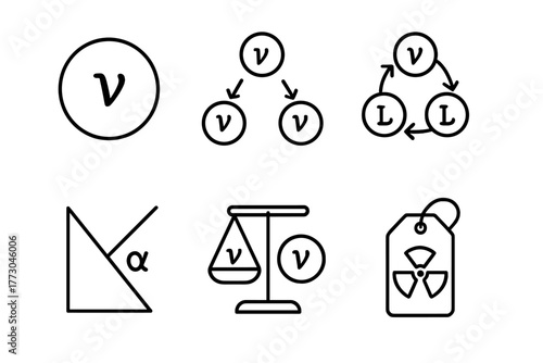 Dark Matter Symbols. Line style icons of dark matter: sterile neutrino icon, extended neutrino family, lepton mixing symbol, weak