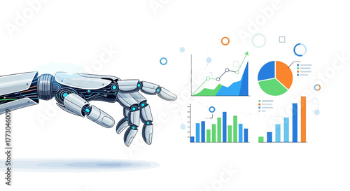 Robotic Hand Interacting with Data Analytics Charts and Graphs.