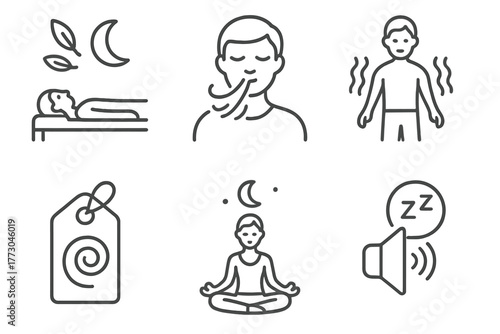 Sleep Therapy Icons. Line style icons of sleep therapy: relaxation techniques, breathing exercise icon, muscle relaxation figure,