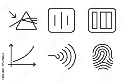 Astrophysics Line Icons. Line style icons of astrophysics: spectroscopy icon, absorption line, emission spectrum, redshift graph,