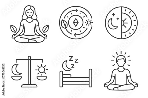 Ayurveda Line Icons. Line style icons of Ayurveda: Ayurvedic lifestyle, nature cycle clock, circadian rhythm chart, rest and