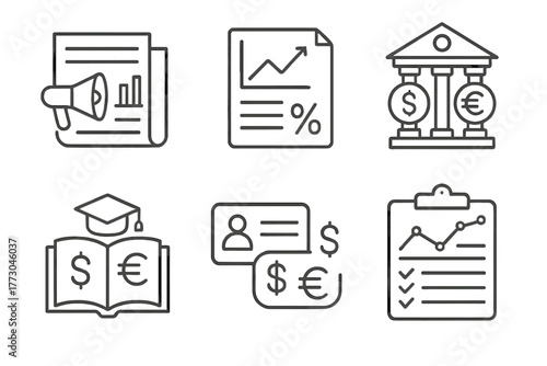 Forex Trading Icons. Line style icons of forex trading: economic news icon, inflation report, central bank symbol, forex education