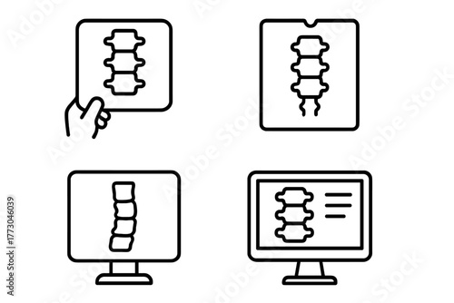 Chiropractic X-Ray Icons. Line style icons of chiropractic care: chiropractic x-ray and imaging, spine x-ray sheet, cervical x-ray