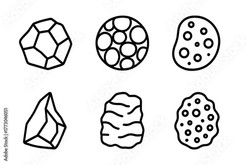 Volcanology Icon Collection. Line style icons of volcanology: igneous rock sample, basalt texture, pumice stone, obsidian shard,