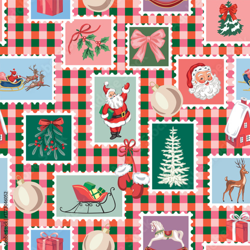 Santa Claus, sleigh, deer, present, rocking horse, ball, Christmas tree, mistletoe, house in frame pattern. Merry Christmas, New Year postage stamp.