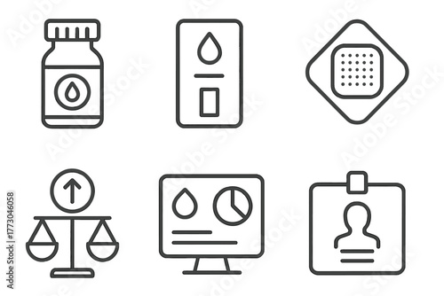Hormone Optimization Icons. Line style icons of Hormone Optimization Tools: testosterone vial, cortisol test card, estrogen patch,