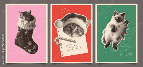 Minimal vintage Merry Christmas posters or cards set. Vector illustration of trendy Halftone collage effect with cats. Perfect vector xmas greeting cover background template design.