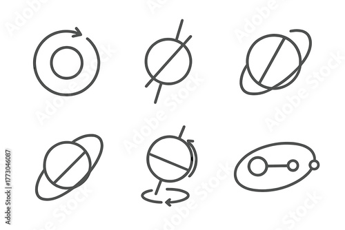 Exoplanet Orbit Icons. Line style icons of exoplanets: polar orbit, inclined axis, axial tilt icon, oblique orbit, precession