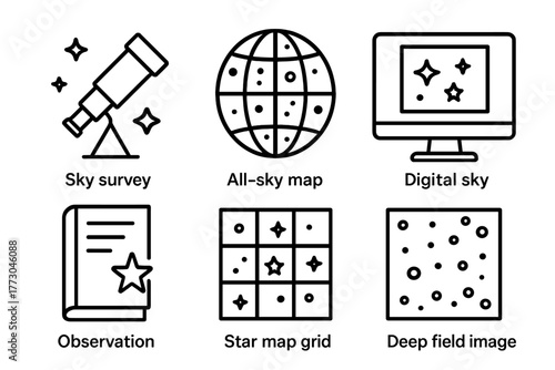 Astrophysics Line Icons. Line style icons of astrophysics: sky survey icon, all-sky map, digital sky archive, observational