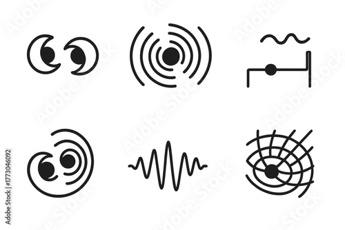Black Hole Iconography. Line style icons of black holes: black hole merger, gravitational wave burst, LIGO detection icon,