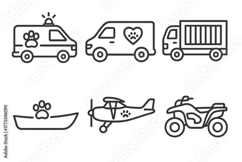 Wildlife Rescue Vehicles. Line style icons of Wildlife Transport Vehicles: animal ambulance, rescue van, transport crate truck,