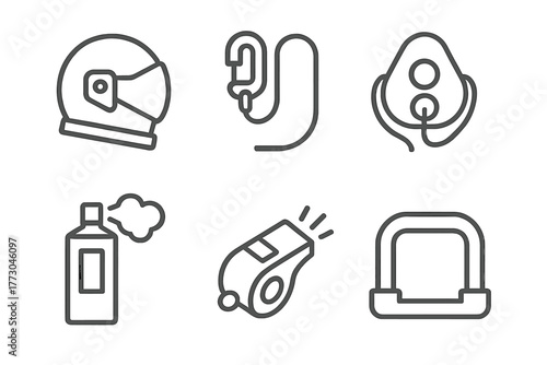 Zero-G Safety Icons. Line style icons of Safety Items for Zero-Gravity: helmet latch, emergency tether, oxygen mask, fire foam