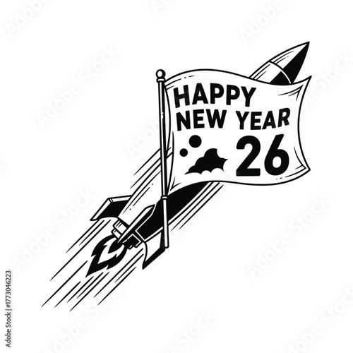 Retro rocket ship blasts off with a happy new year 2026 flag and celestial elements
