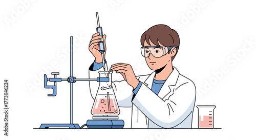 Scientist conducting experiment in laboratory with beakers and flasks.