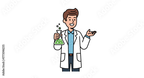 Scientist holding a flask with green liquid and bubbles.