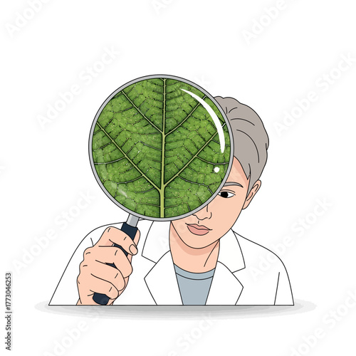Scientist examining a green leaf with a magnifying glass.
