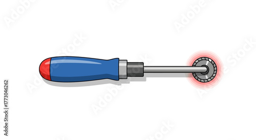 Screwdriver with a glowing circular saw blade attachment.