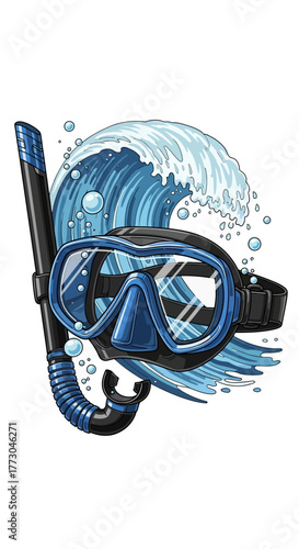 Scuba diving mask and snorkel with a wave.