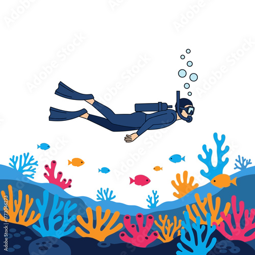 Scuba Diver Exploring Vibrant Coral Reef with Small Fish.