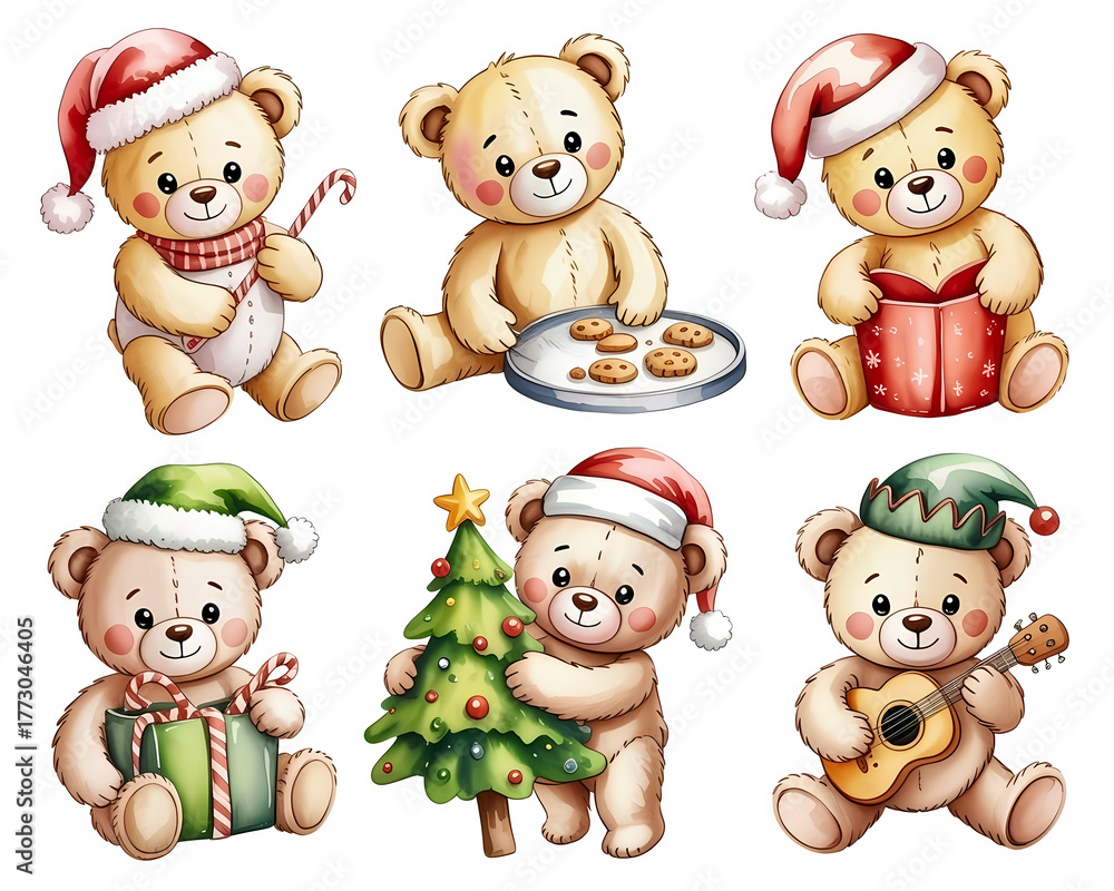 Fototapeta premium Set of watercolor style cute beige teddy bear in christmas theme doing different hobbies, clipart on abstract white background, graphic design illustration wallpaper 