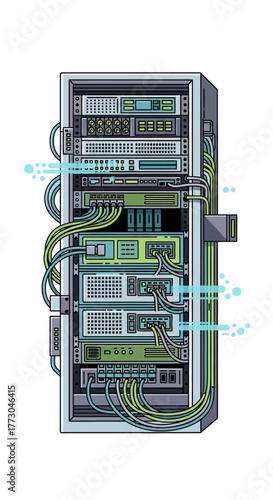Server Rack with Cables and Data Flow.