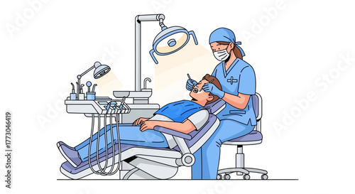 A dentist masked examines a patient in a chair under bright lights in a dental office