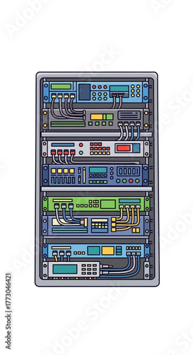 Server Rack with Multiple Electronic Devices.
