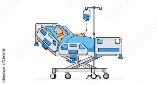 A person lies in a hospital bed with an IV drip