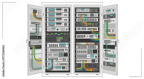 Server Rack with Network Equipment and Cables.