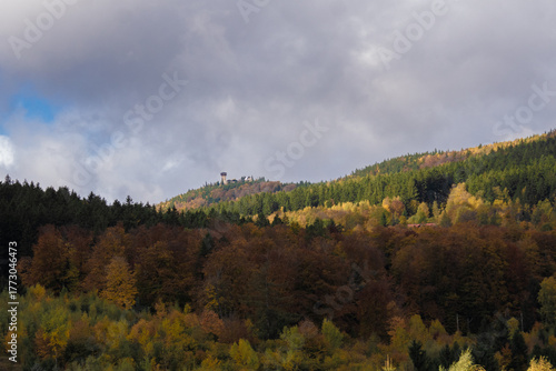View of the mountaian called Wysoki Kamień in Szklarska Poreba Poland from the area of the train station in autumn 