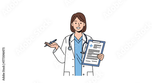 Cartoon of a female doctor in a white coat holding a clipboard and pen